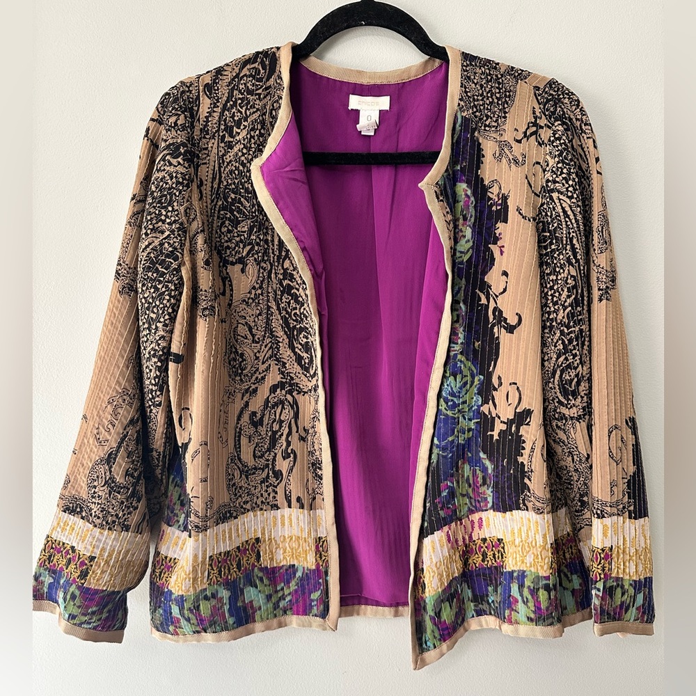 Chico's Size 0 (S/4-6) Open Front Jacket Stitched Ribbed Texture Paisley Purple